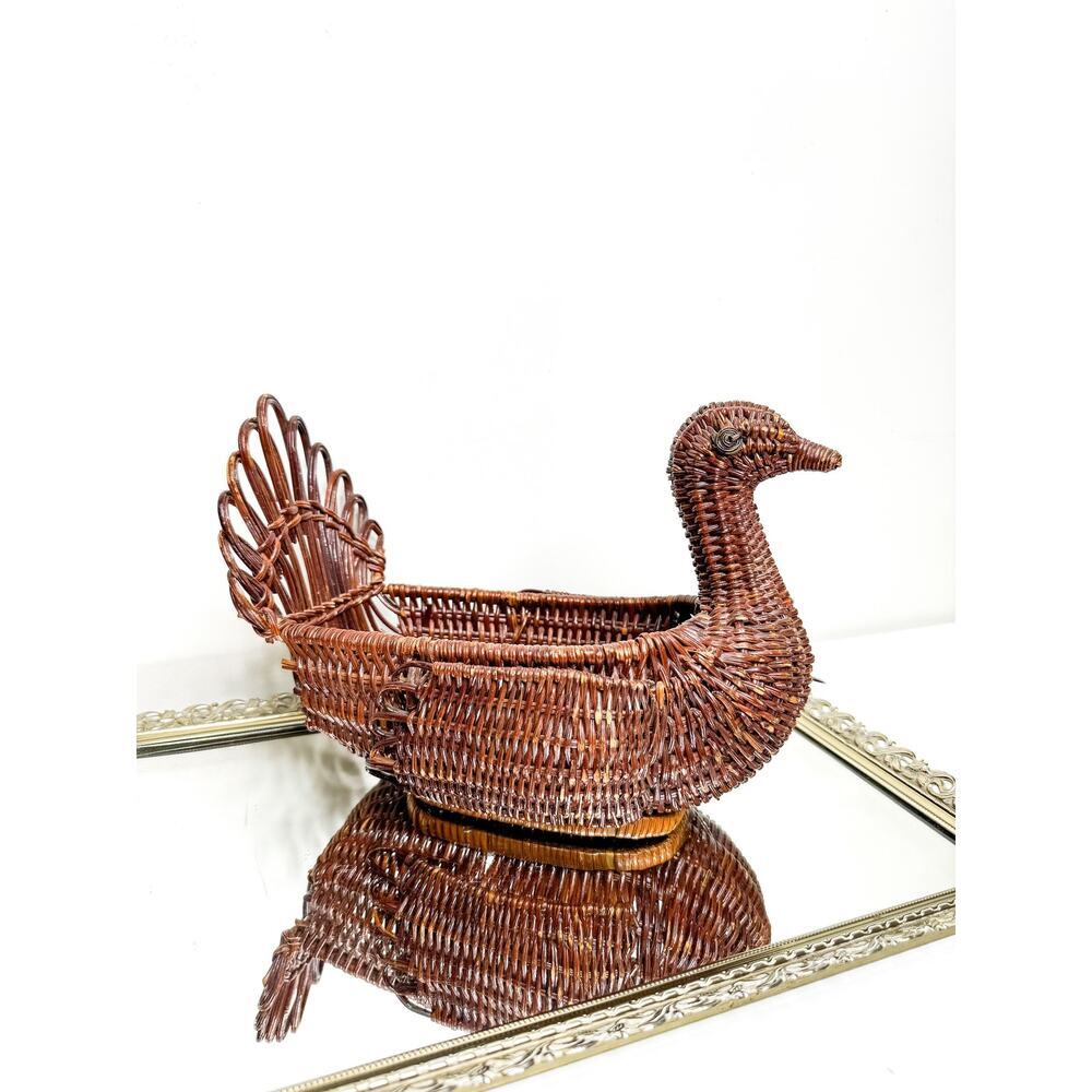 Vintage Basket Turkey Shape Woven Wicker Thanksgiving Table Planter Centerpiece